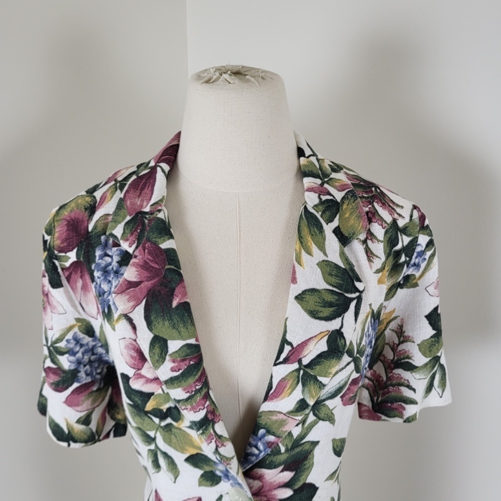 90’s botanical blazer short sleeve blouse button up floral long pockets vintage - Picture 11 of 16